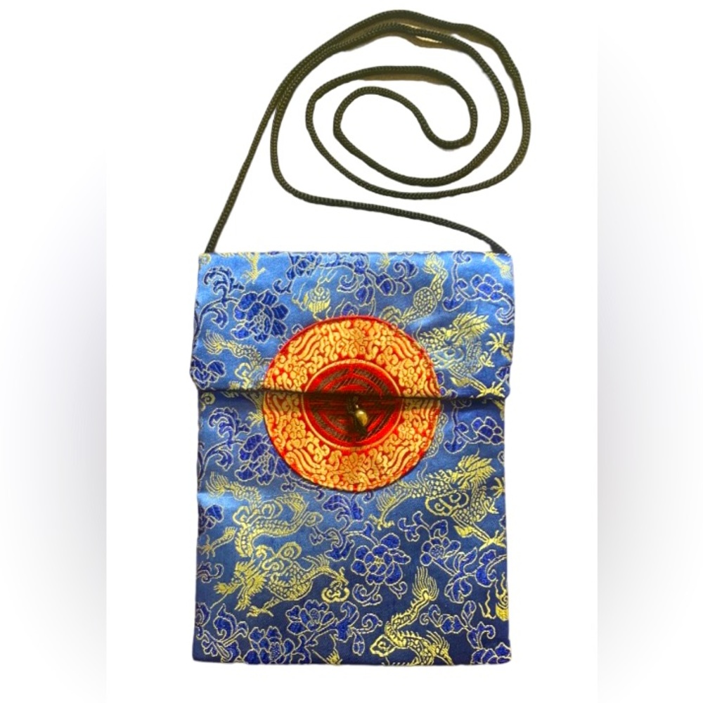 Satin Crossbody Purse Blue and Gold Asian Pattern with Round Red & Gold Center